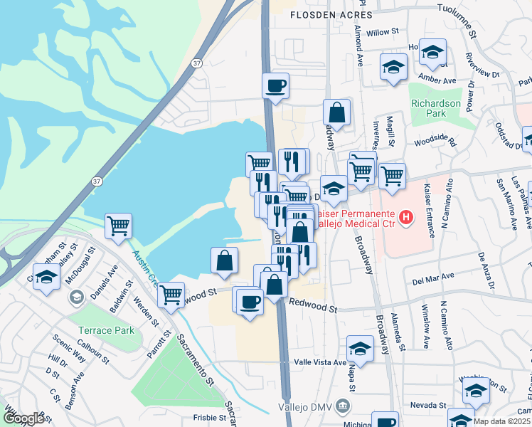 map of restaurants, bars, coffee shops, grocery stores, and more near 3899 Sonoma Boulevard in Vallejo