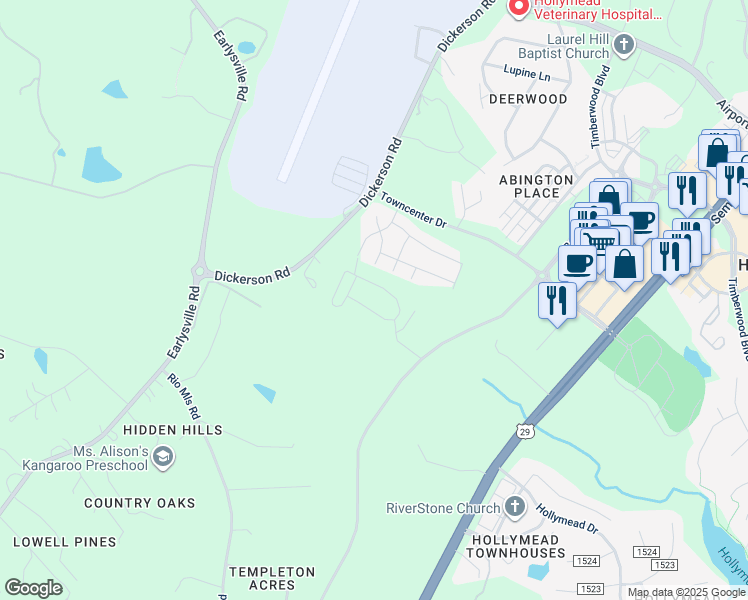 map of restaurants, bars, coffee shops, grocery stores, and more near 3301 April Lane in Albemarle
