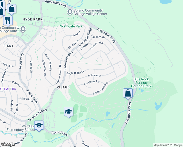 map of restaurants, bars, coffee shops, grocery stores, and more near 6784 Sunriver Lane in Vallejo