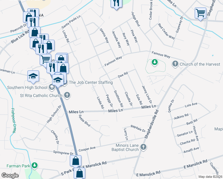 map of restaurants, bars, coffee shops, grocery stores, and more near 8514 Smithton Road in Louisville