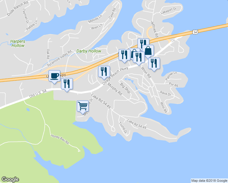 map of restaurants, bars, coffee shops, grocery stores, and more near 957 Murphy Road in Osage Beach