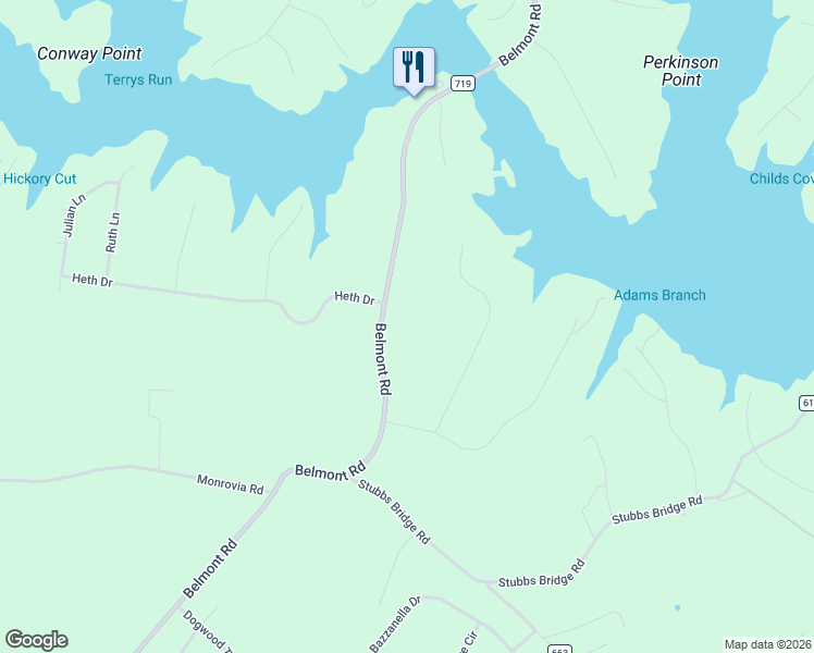 map of restaurants, bars, coffee shops, grocery stores, and more near 6119 Belmont Road in Mineral