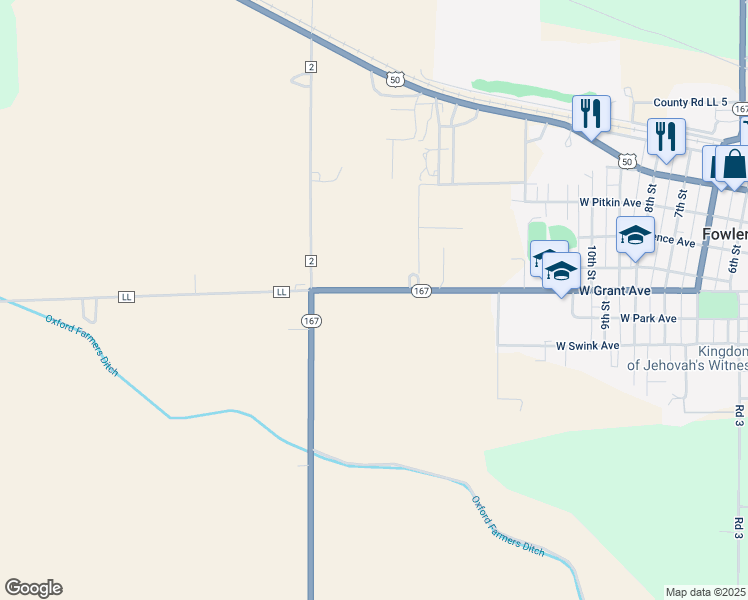 map of restaurants, bars, coffee shops, grocery stores, and more near 33920 State Highway 167 in Fowler