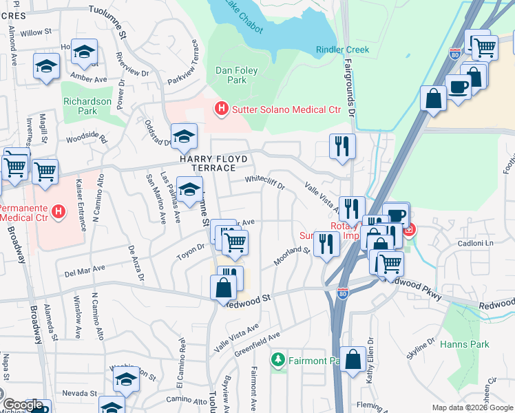 map of restaurants, bars, coffee shops, grocery stores, and more near 1220 Valle Vista Avenue in Vallejo