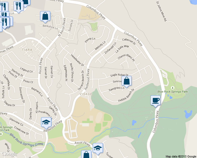 map of restaurants, bars, coffee shops, grocery stores, and more near Pebble Beach Dr & Eagle Ridge Dr in Vallejo