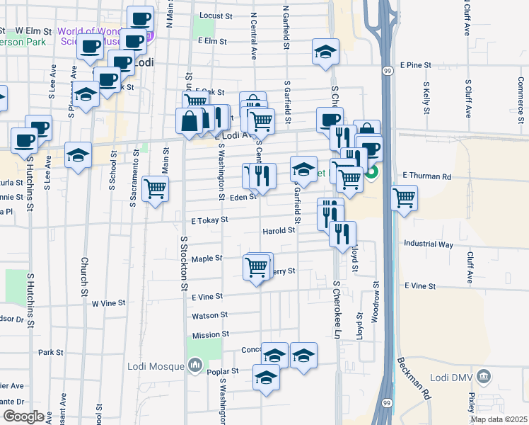 map of restaurants, bars, coffee shops, grocery stores, and more near 415 East Tokay Street in Lodi