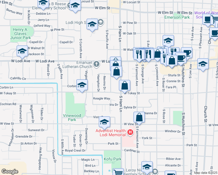 map of restaurants, bars, coffee shops, grocery stores, and more near 621 Huntington Drive in Lodi