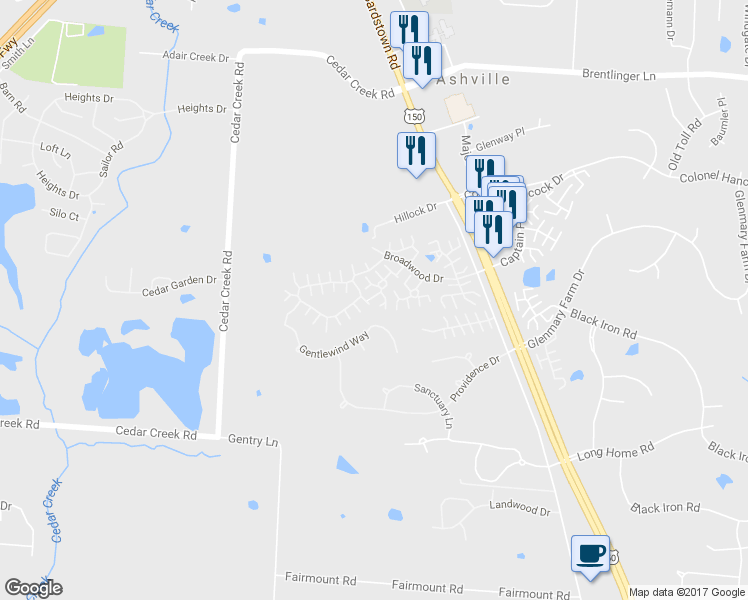 map of restaurants, bars, coffee shops, grocery stores, and more near 8733 Broadwood Court in Louisville