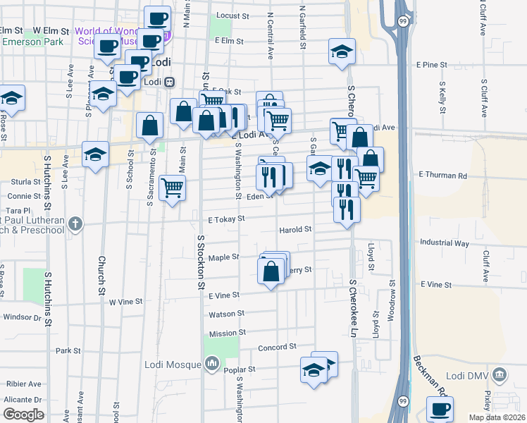 map of restaurants, bars, coffee shops, grocery stores, and more near 333 East Tokay Street in Lodi