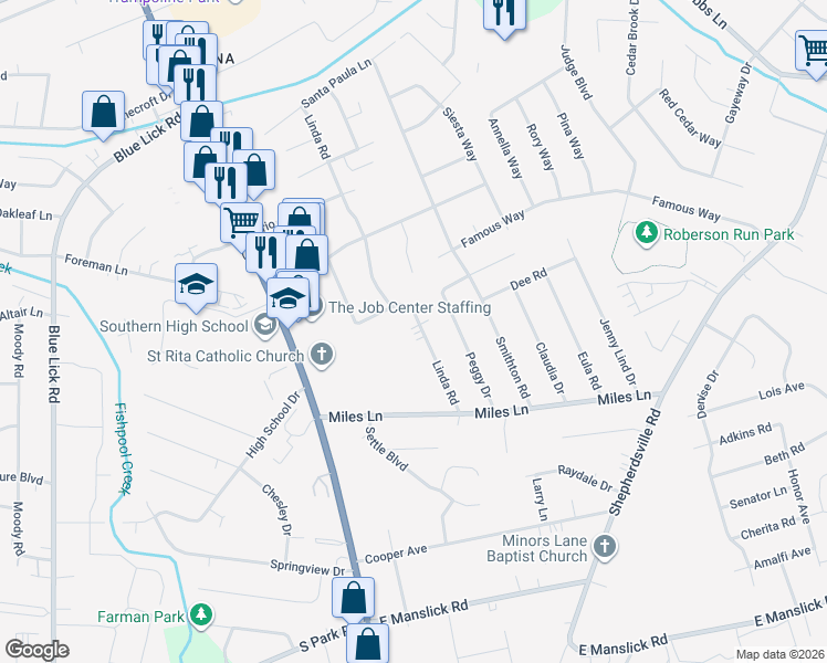 map of restaurants, bars, coffee shops, grocery stores, and more near 8510 Linda Road in Louisville