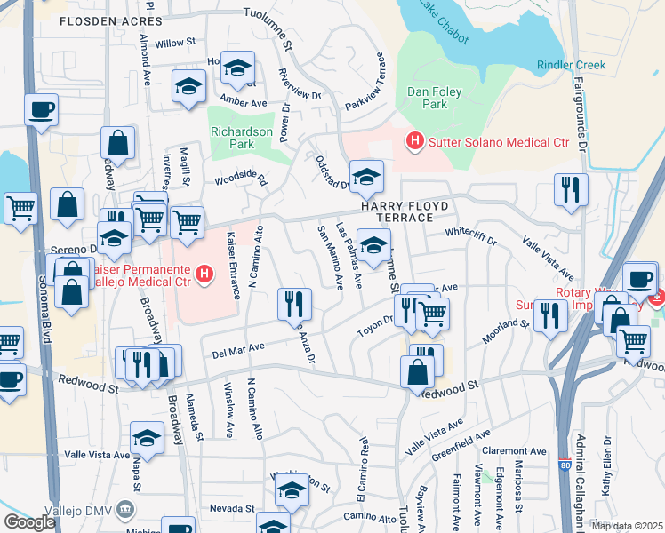 map of restaurants, bars, coffee shops, grocery stores, and more near 326 San Marino Avenue in Vallejo