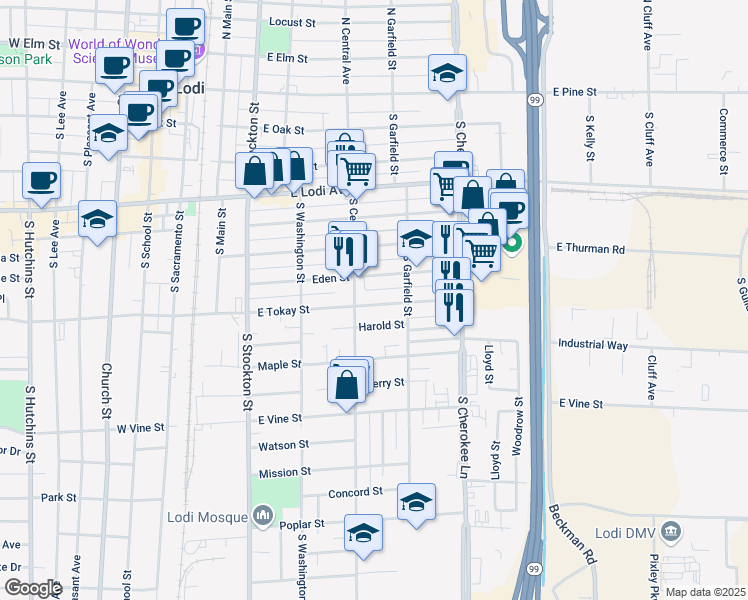 map of restaurants, bars, coffee shops, grocery stores, and more near 415 East Tokay Street in Lodi