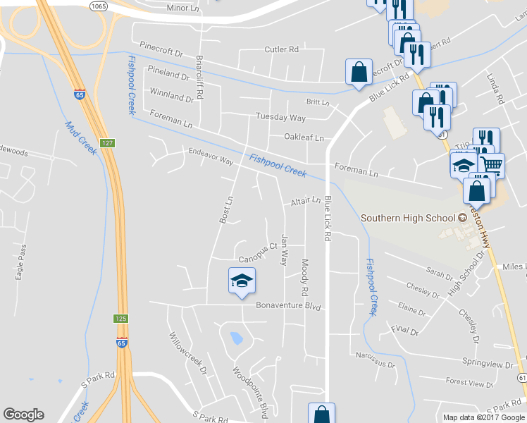 map of restaurants, bars, coffee shops, grocery stores, and more near 8500 Coco Court in Louisville
