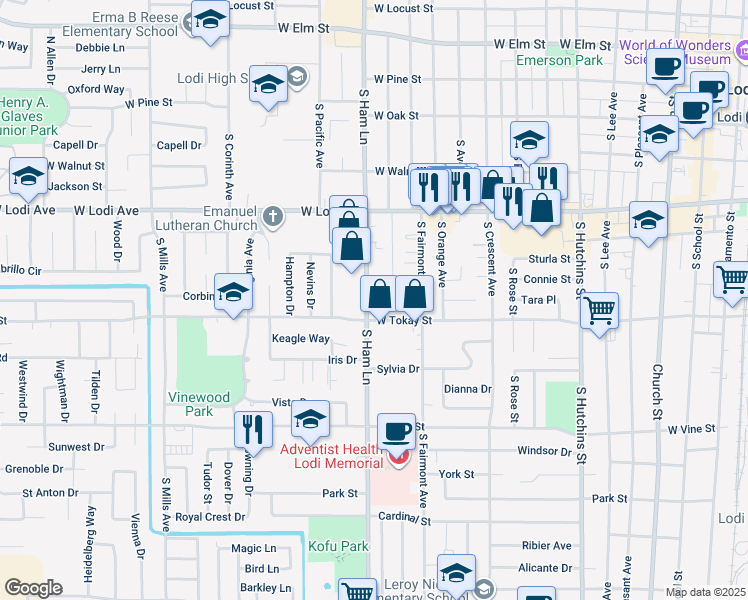 map of restaurants, bars, coffee shops, grocery stores, and more near 631B South Ham Lane in Lodi
