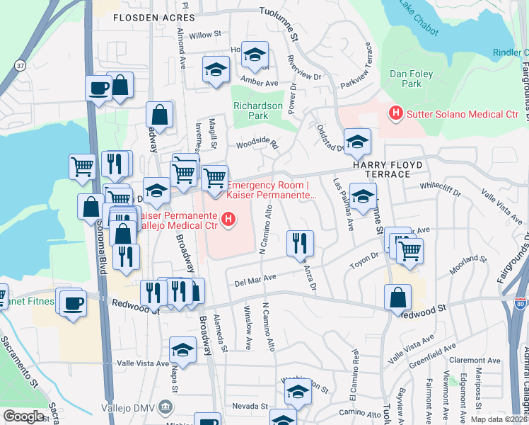 map of restaurants, bars, coffee shops, grocery stores, and more near 931 North Camino Alto in Vallejo