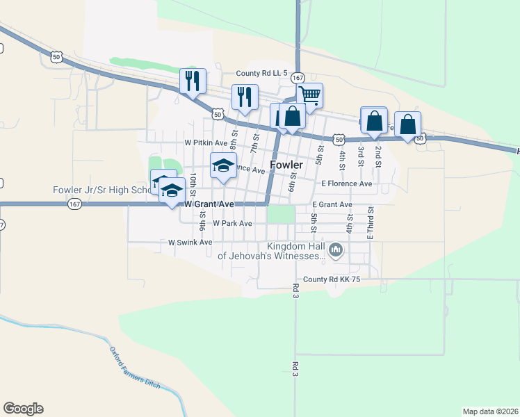 map of restaurants, bars, coffee shops, grocery stores, and more near 100-148 State Highway 167 in Fowler