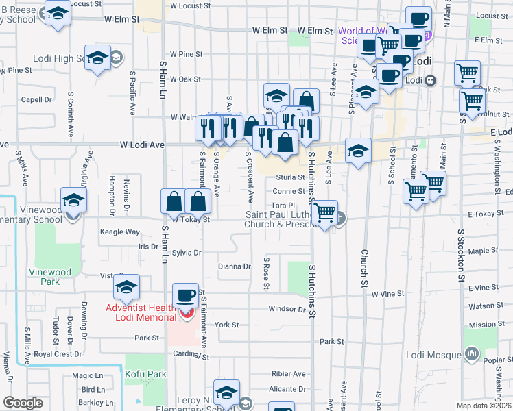 map of restaurants, bars, coffee shops, grocery stores, and more near 612 South Crescent Avenue in Lodi