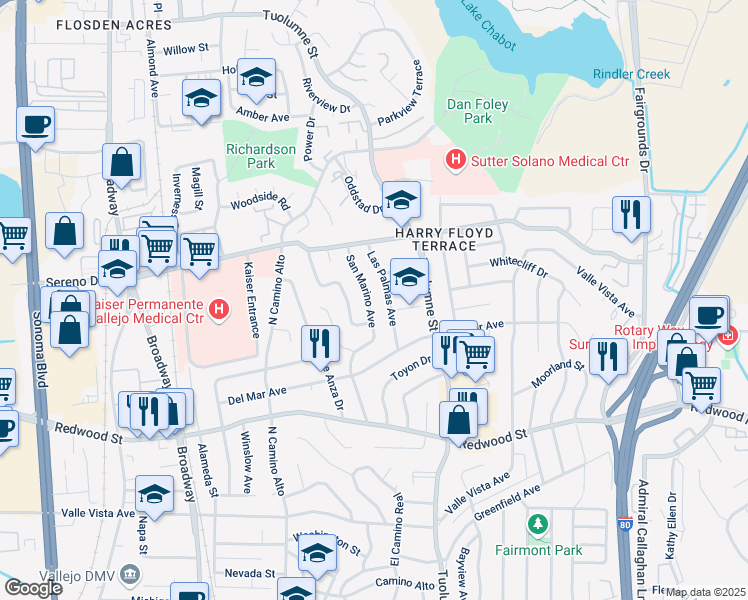 map of restaurants, bars, coffee shops, grocery stores, and more near 326 San Marino Avenue in Vallejo