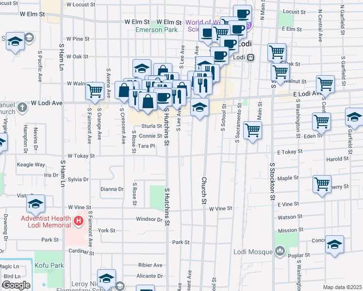 map of restaurants, bars, coffee shops, grocery stores, and more near 600 South Lee Avenue in Lodi