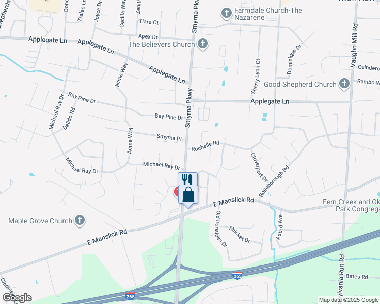 map of restaurants, bars, coffee shops, grocery stores, and more near 8223 Rochelle Road in Louisville