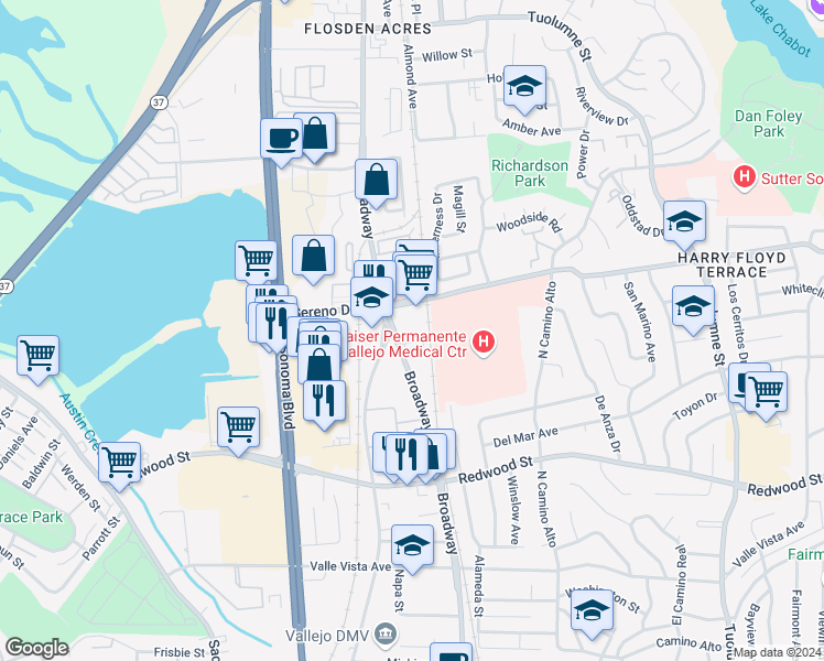 map of restaurants, bars, coffee shops, grocery stores, and more near 1672 1/2 Broadway Street in Vallejo