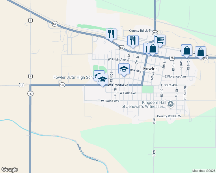 map of restaurants, bars, coffee shops, grocery stores, and more near 500 West Grant Avenue in Fowler
