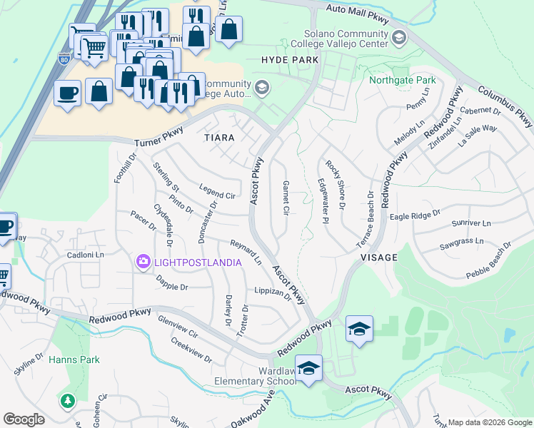 map of restaurants, bars, coffee shops, grocery stores, and more near 2219 Garnet Drive in Vallejo