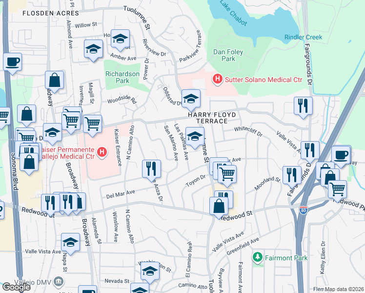 map of restaurants, bars, coffee shops, grocery stores, and more near 326 San Marino Avenue in Vallejo