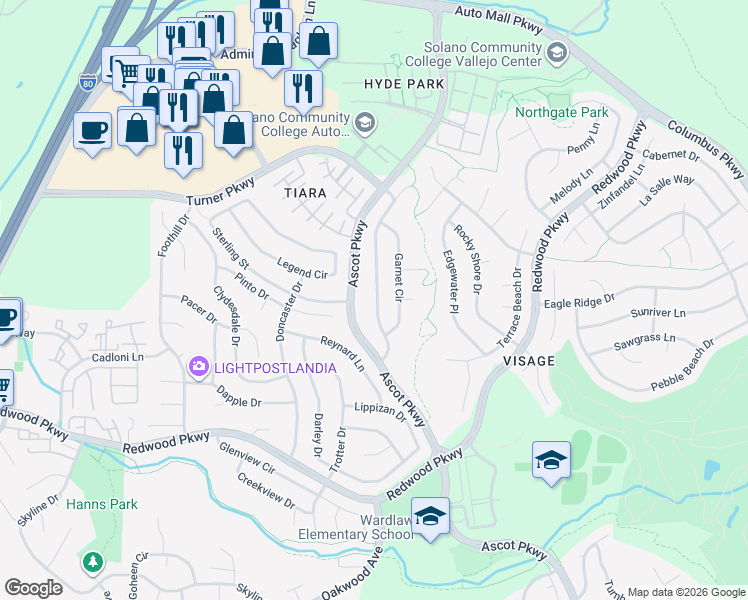 map of restaurants, bars, coffee shops, grocery stores, and more near 2219 Garnet Dr in Vallejo
