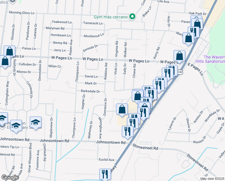 map of restaurants, bars, coffee shops, grocery stores, and more near 8630 Vicki Lane in Louisville