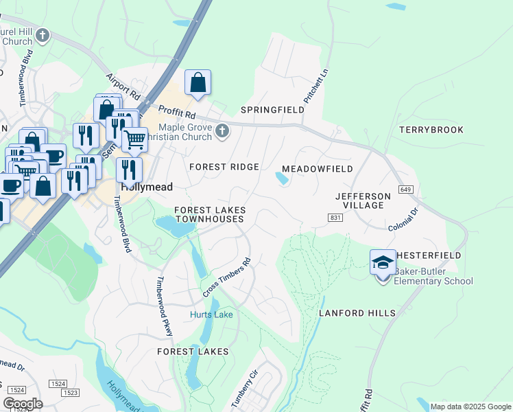 map of restaurants, bars, coffee shops, grocery stores, and more near 2064 Whispering Woods Drive in Charlottesville