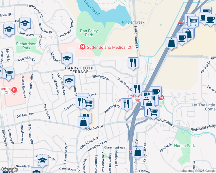 map of restaurants, bars, coffee shops, grocery stores, and more near 319 Howard Avenue in Vallejo