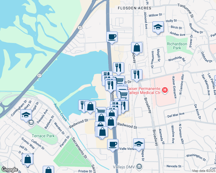 map of restaurants, bars, coffee shops, grocery stores, and more near 3899 Sonoma Boulevard in Vallejo
