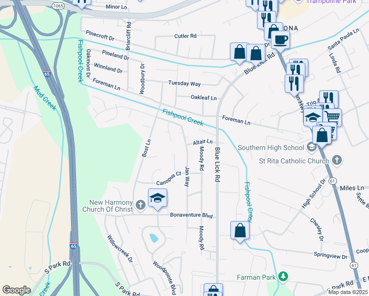 map of restaurants, bars, coffee shops, grocery stores, and more near 8502 Jan Way in Louisville
