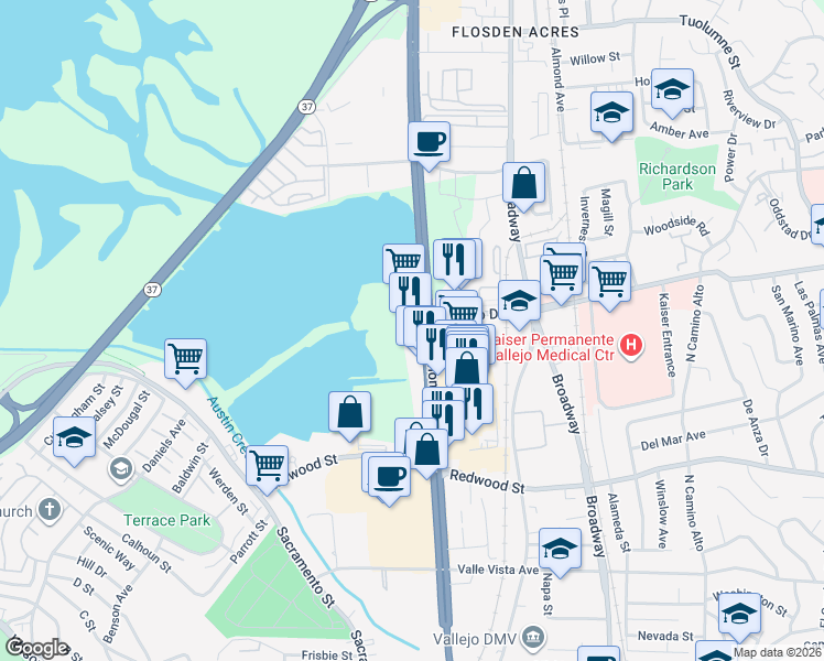 map of restaurants, bars, coffee shops, grocery stores, and more near 3899 Sonoma Boulevard in Vallejo