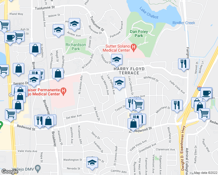 map of restaurants, bars, coffee shops, grocery stores, and more near 330 San Marino Drive in Vallejo