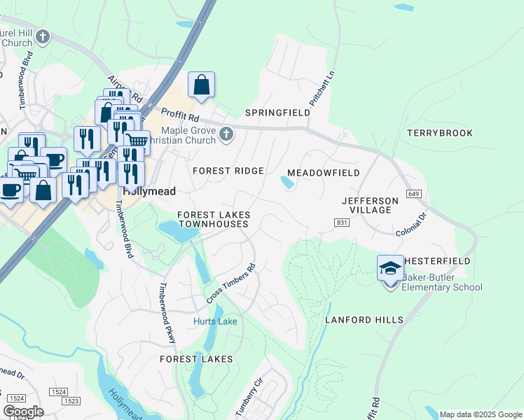 map of restaurants, bars, coffee shops, grocery stores, and more near 2064 Whispering Woods Drive in Charlottesville