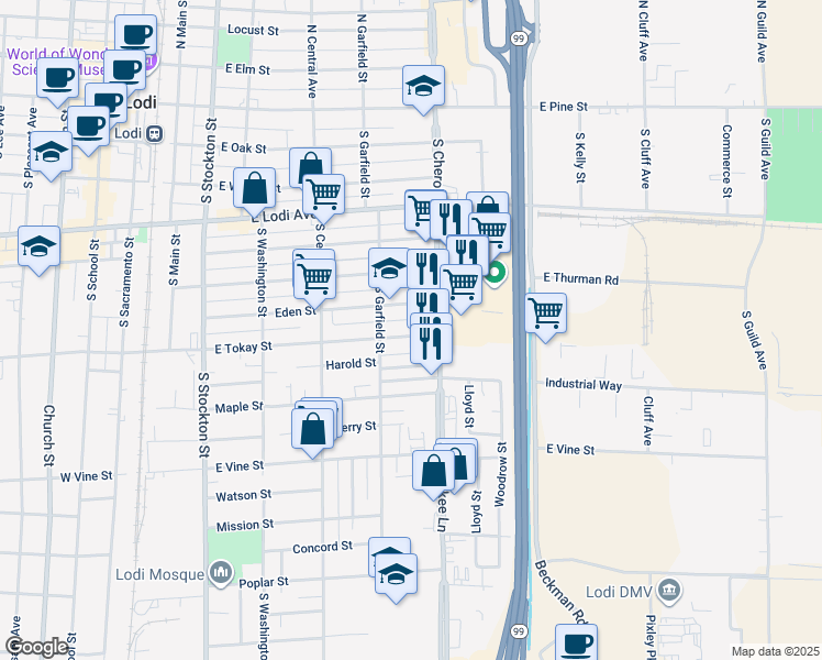 map of restaurants, bars, coffee shops, grocery stores, and more near 525 East Tokay Street in Lodi