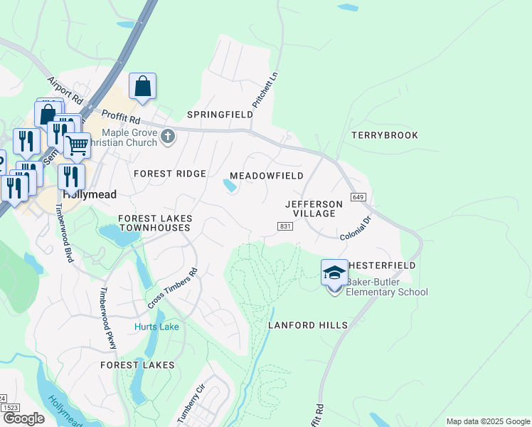 map of restaurants, bars, coffee shops, grocery stores, and more near 3303 Meadowfield Lane in Charlottesville