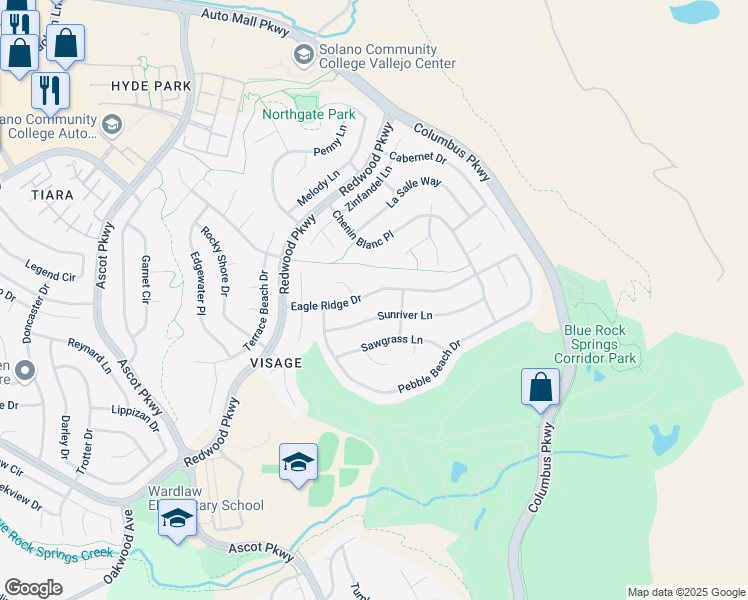 map of restaurants, bars, coffee shops, grocery stores, and more near 6425 Eagle Ridge Drive in Vallejo