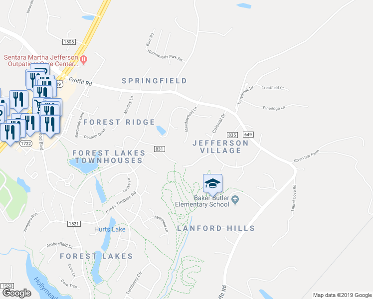 map of restaurants, bars, coffee shops, grocery stores, and more near 3303 Meadowfield Lane in Charlottesville