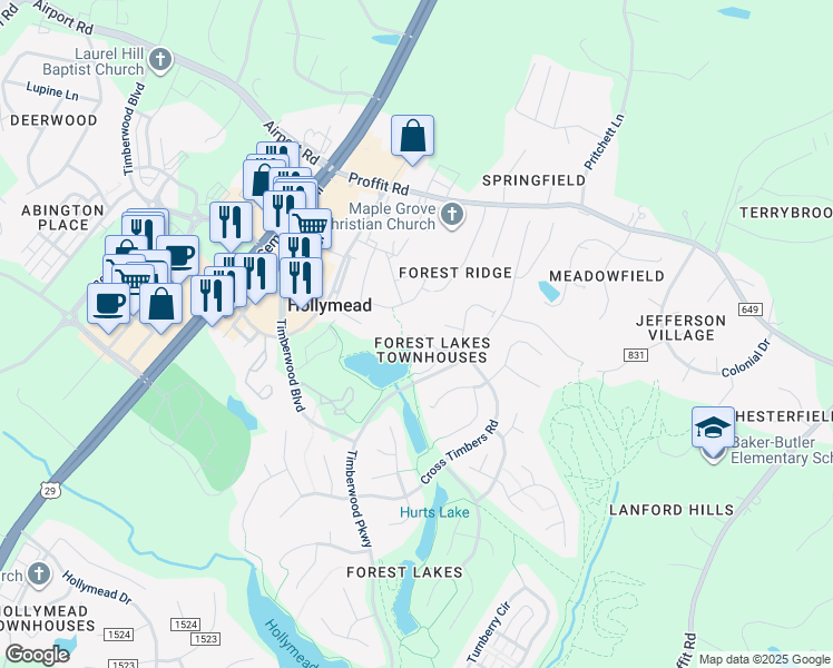 map of restaurants, bars, coffee shops, grocery stores, and more near 3296 Arbor Trace in Charlottesville