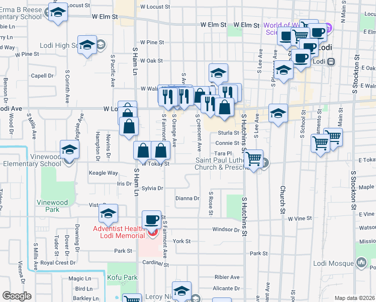 map of restaurants, bars, coffee shops, grocery stores, and more near 918 Tara Place in Lodi
