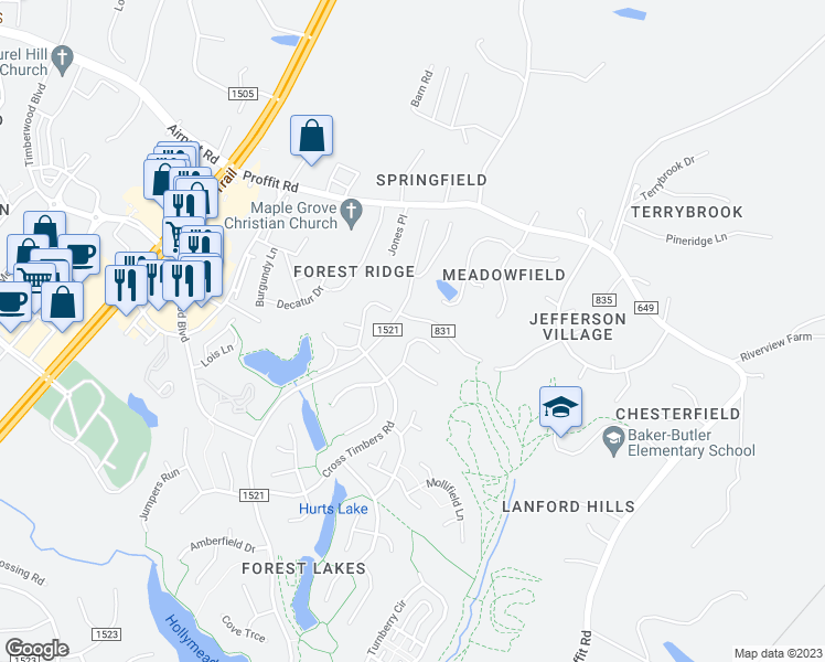 map of restaurants, bars, coffee shops, grocery stores, and more near 2068 Whispering Woods Drive in Charlottesville
