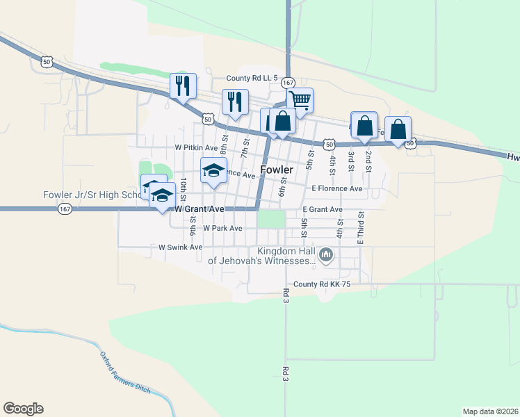 map of restaurants, bars, coffee shops, grocery stores, and more near State Highway 167 in Fowler