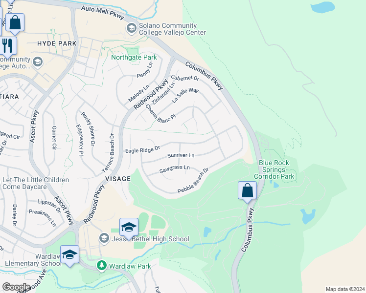 map of restaurants, bars, coffee shops, grocery stores, and more near 6437 Eagle Ridge Drive in Vallejo
