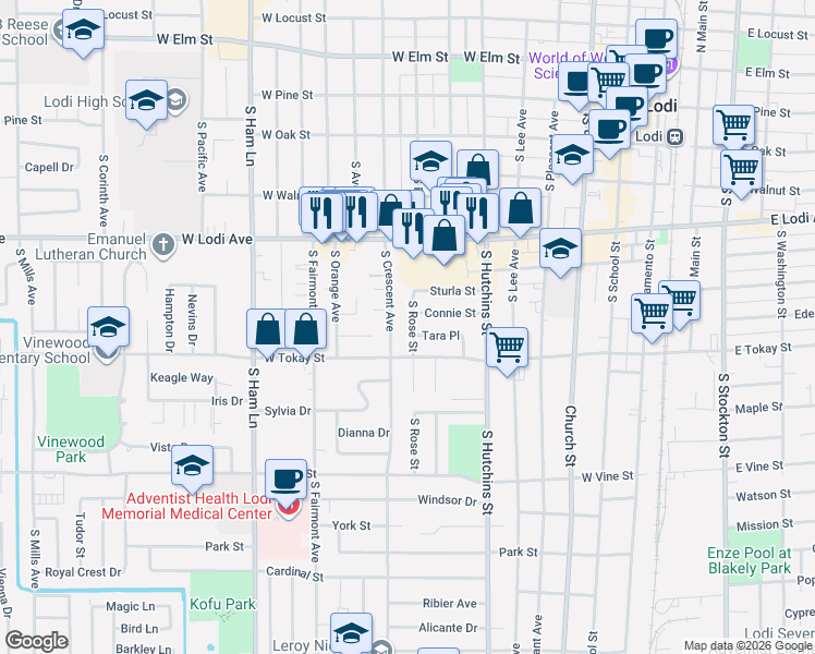 map of restaurants, bars, coffee shops, grocery stores, and more near 612 South Crescent Avenue in Lodi