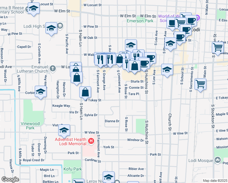 map of restaurants, bars, coffee shops, grocery stores, and more near 918 Tara Place in Lodi