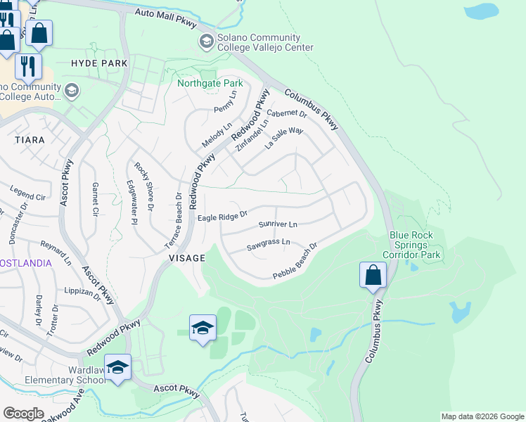 map of restaurants, bars, coffee shops, grocery stores, and more near 6784 Sunriver Lane in Vallejo