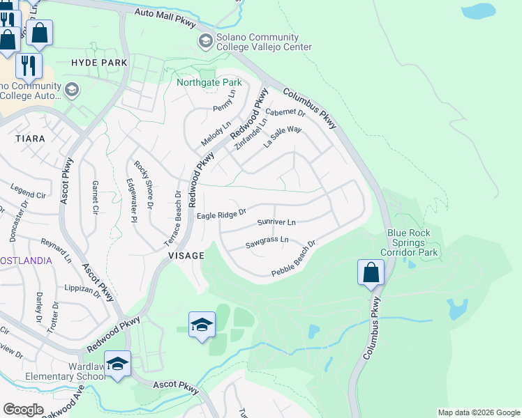 map of restaurants, bars, coffee shops, grocery stores, and more near 6784 Sunriver Lane in Vallejo